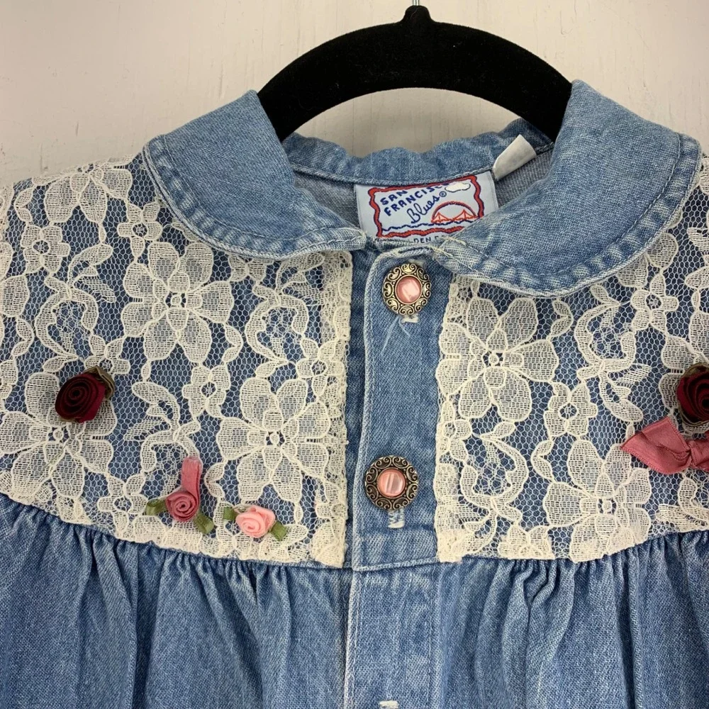 Vintage San Francisco Blues Baby Girl Denim Lace Floral Romper 12M 90s Cottage